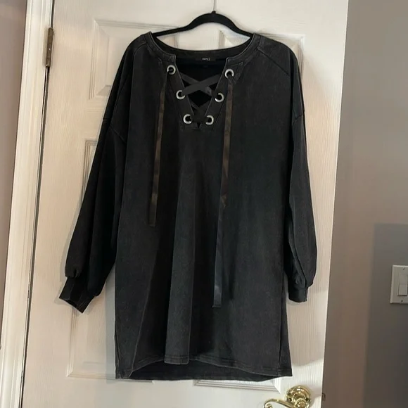 Very J Dresses | Black Sweatshirt Mini Dress with Satin Ribbon Lace Up V-Neck | Color: Black | Size: L | Donna2628'S Closet